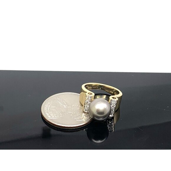 Black Pearl 9.5mm Diamond Cocktail Ring 14k Yellow Gold Estate Women's Size 4.75 - Picture 9 of 10